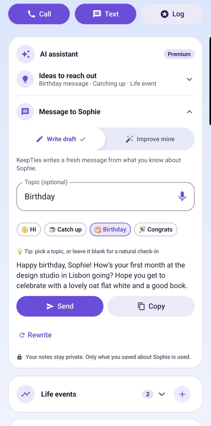 A birthday message written from what you saved about Sophie