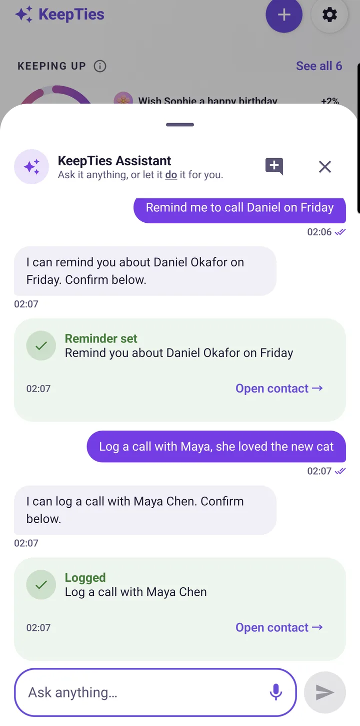 The assistant setting a reminder and logging a call, each confirmed first
