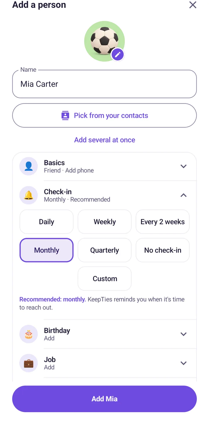 Choosing a check-in for a new person, with monthly recommended