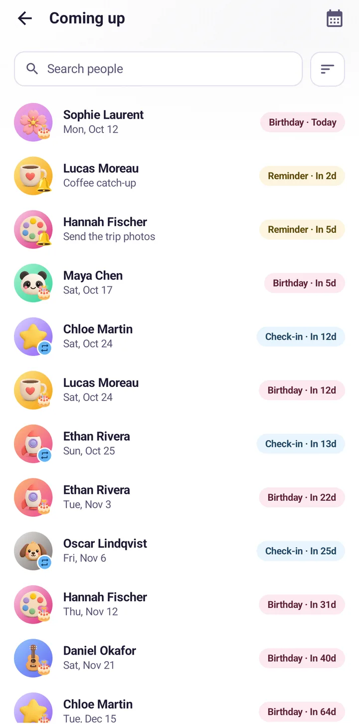 Coming up: birthdays, reminders and check-ins in date order