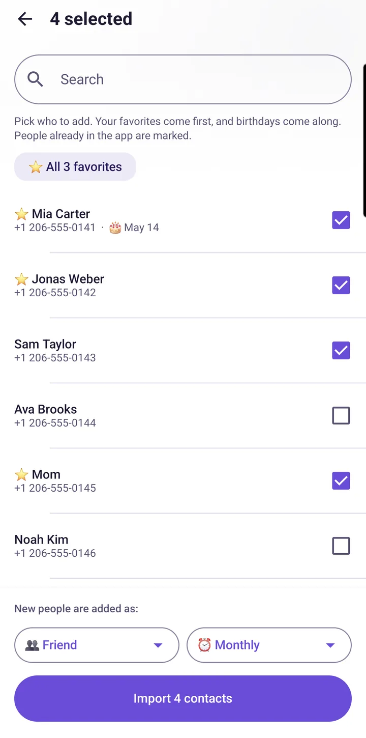 Picking people from your contacts, with their birthdays
