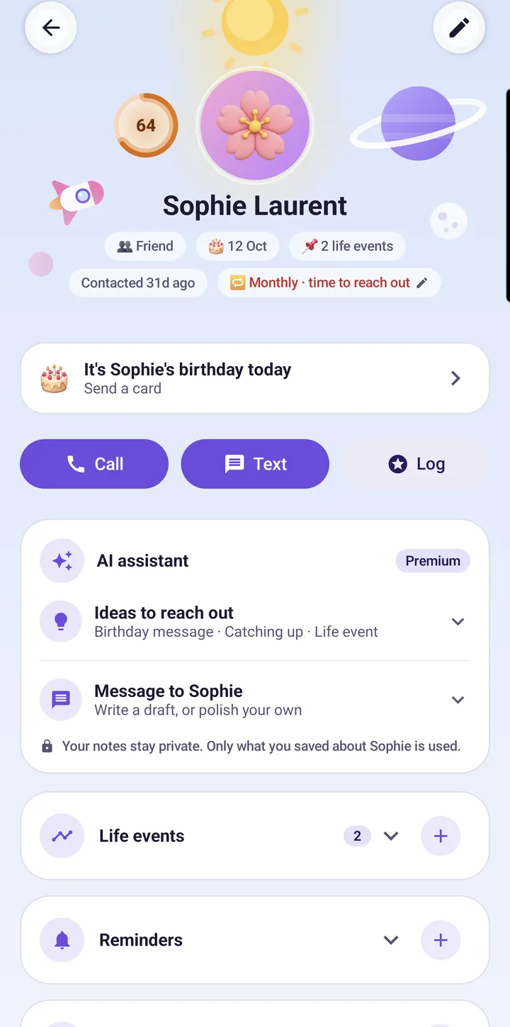Sophie's page with her birthday today, Call, Text and Log