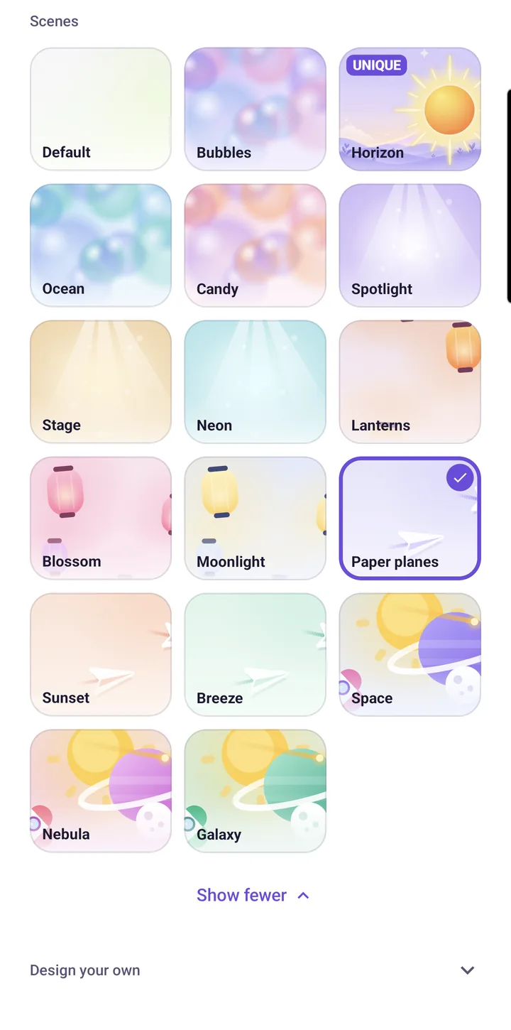 Scenes for a person page: Bubbles, Horizon, Ocean, Galaxy and more